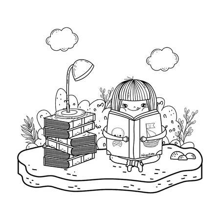 happy little girl reading books in the field vector illustration designのイラスト素材