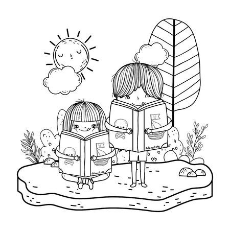 happy little kids reading books in the landscape vector illustration designのイラスト素材