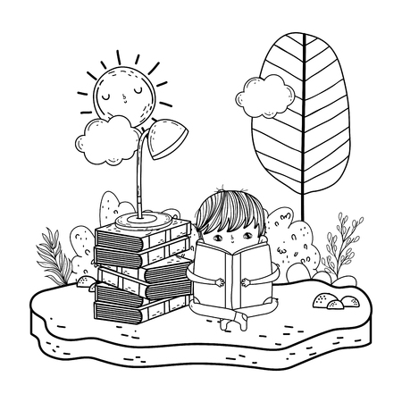 happy little boy reading books in the camp vector illustration designのイラスト素材