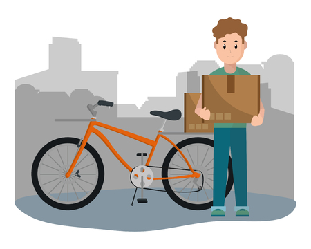 delivery guy with box and bicycle city silhouette vector illustration graphic designのイラスト素材