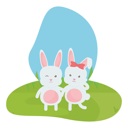 cute rabbits in the landscape characters vector illustration designのイラスト素材