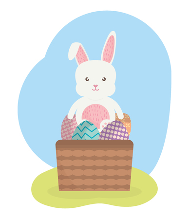 cute rabbit with easter eggs painted in basket vector illustration designのイラスト素材