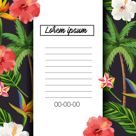 tropical card with flowers and exotic leavesのイラスト素材