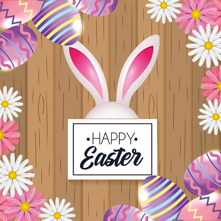 emblem with easter rabbit and eggs decoration vector illustrationのイラスト素材
