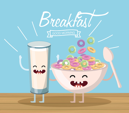 happy milk glass with cereal cupl and spoon vector illustrationのイラスト素材