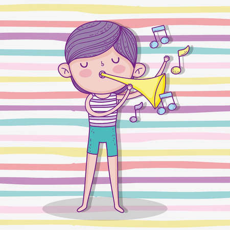 cute boy play trumpet with hairstyle vector illustrationのイラスト素材