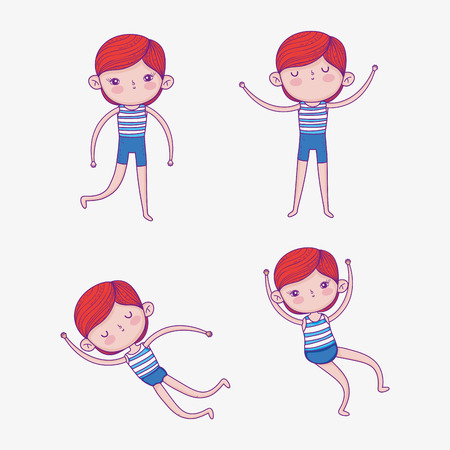 set cute boy wearing swimsuit and playing vector illustrationのイラスト素材