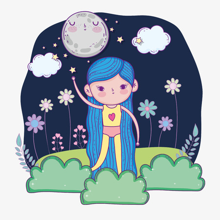 funny girl wearing swimsuit with moon and bushes vector illustrationのイラスト素材