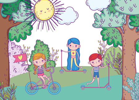 girls and boy playing and ride bicycle and scooter vector illustrationのイラスト素材