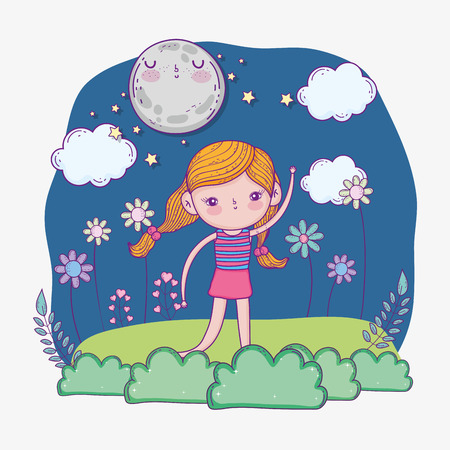 cute girl with moon and bushes plants vector illustrationのイラスト素材
