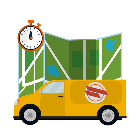 delivery van and map with stopwatch vector illustration graphic designのイラスト素材