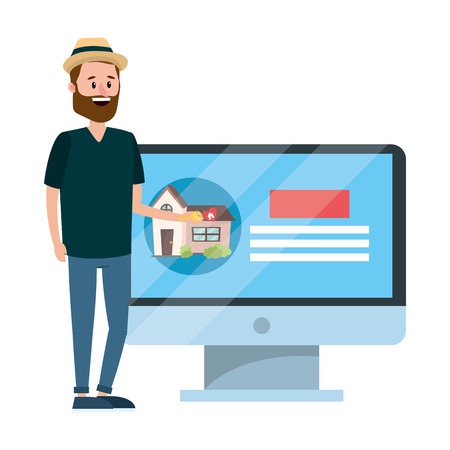 real estate man looking for house to buy cartoon vector illustration graphic designのイラスト素材