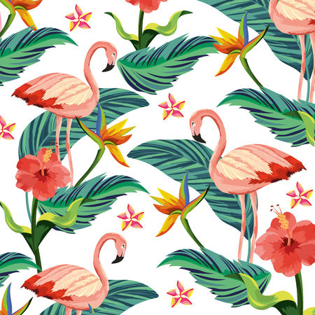 tropical flamingos flowers pattern background cartoon vector illustration graphic designのイラスト素材