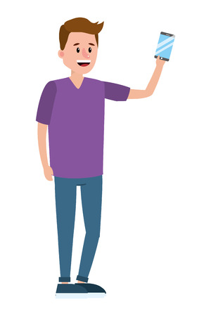 young man holding technology smartphone device cartoon vector illustration graphic designのイラスト素材