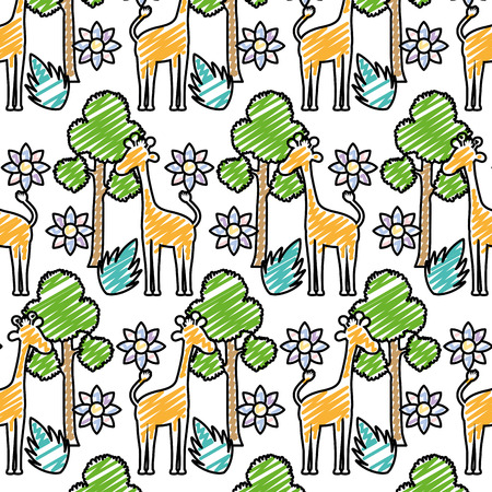 doodle giraffe with tree leaves and flower background vector illustrationのイラスト素材