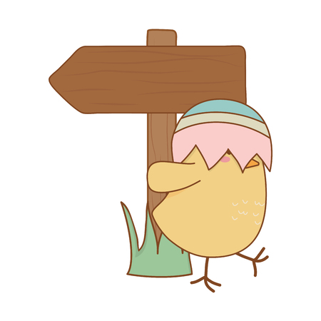 Little chick with egg broken and arrow guide easter characterのイラスト素材