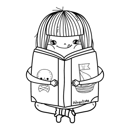happy little girl reading bookのイラスト素材