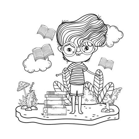 happy little boy reading books in the campのイラスト素材