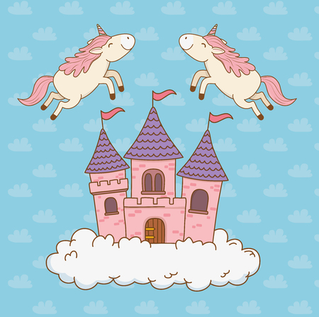 cute fairytale unicorns with castle in the clouds vector illustration designのイラスト素材