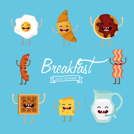 set delicious breakfast food protein with arms and legsのイラスト素材