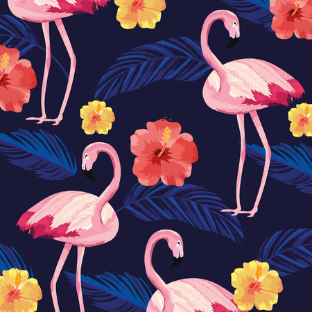 tropical flamingos animal with flowers and leaves backgroundのイラスト素材