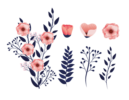 set exotic flowers plants with tropical branches leavesのイラスト素材
