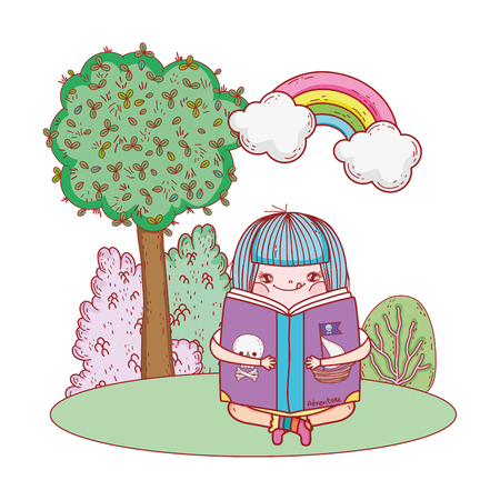 happy little girl reading book with rainbowのイラスト素材