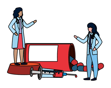 healthcare medical doctors women with hospital elements cartoon vector illustration graphic designのイラスト素材