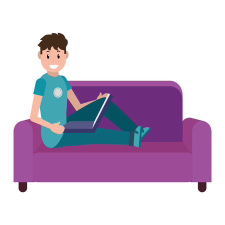 young man lying over couch using technology device cartoon vector illustration graphic designのイラスト素材