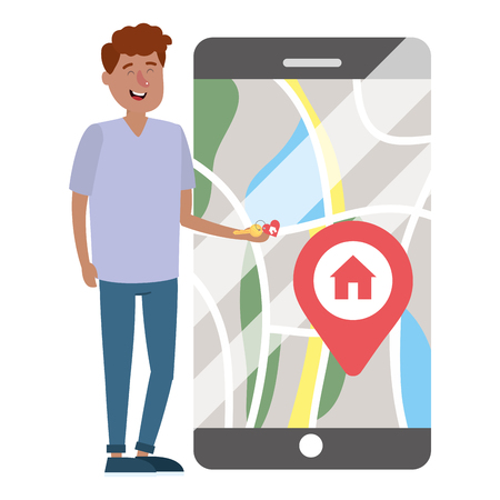 real estate man looking for house to buy with smartphone cartoon vector illustration graphic designのイラスト素材
