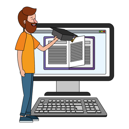 online education man with computer cartoon vector illustration graphic designのイラスト素材