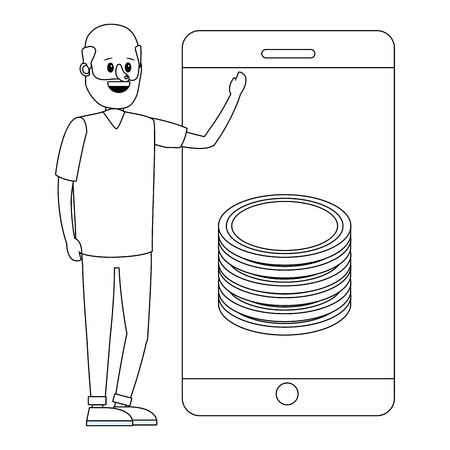 young man with smartphone and saving money coins cartoon vector illustration graphic designのイラスト素材