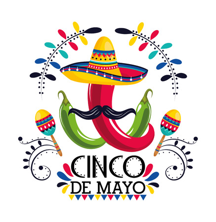 mexican hat with chili peppers and maracas to event vector illustrationのイラスト素材