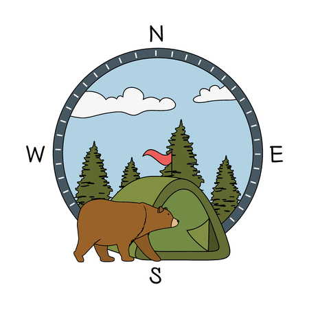 pines trees forest scene with bear grizzly vector illustration designのイラスト素材