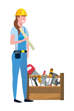 construction architectural worker woman with tools box cartoon vector illustration graphic designのイラスト素材