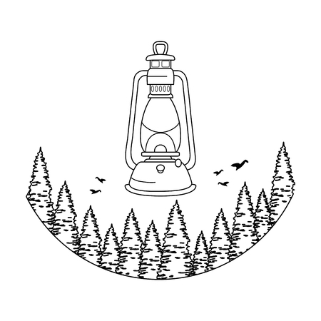 pines trees forest scene with kerosene lantern vector illustration designのイラスト素材