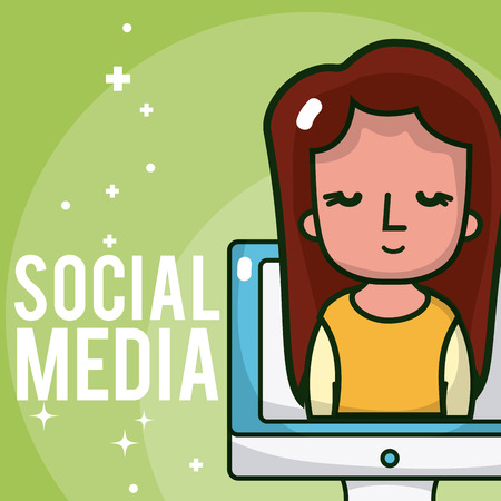 Girl on computer screen social media cartoons vector illustration graphic designのイラスト素材
