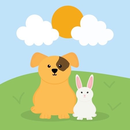 cute little dog and cat mascots in the field vector illustration designのイラスト素材