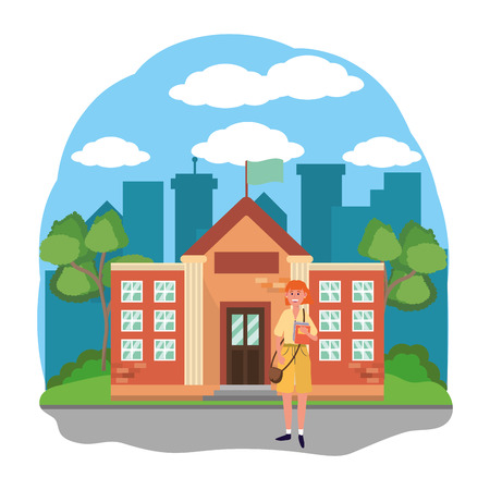 young happy woman student at high school building cartoon vector illustration graphic designのイラスト素材