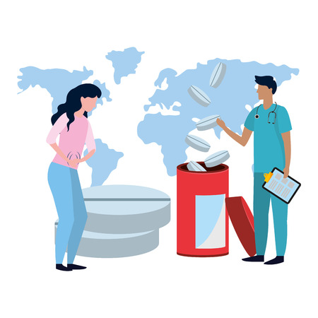 healthcare medical doctor man with woman patient in front world map cartoon vector illustration graphic designのイラスト素材