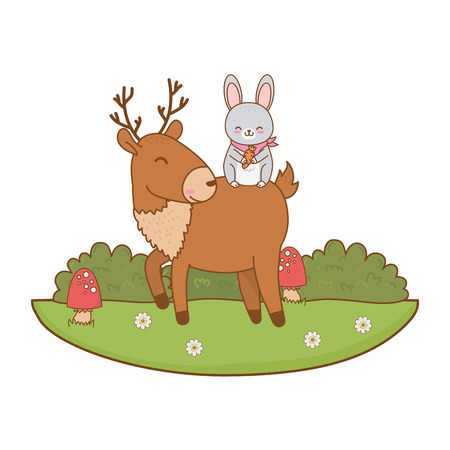 cute rabbit and reindeer in the field woodland characters vector illustration designのイラスト素材