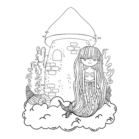 beautiful mermaid with castle sceneのイラスト素材