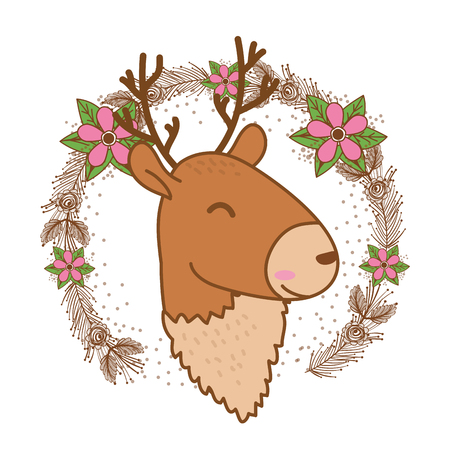 cute little animal deer face flowers frame cartoon vector illustration graphic designのイラスト素材