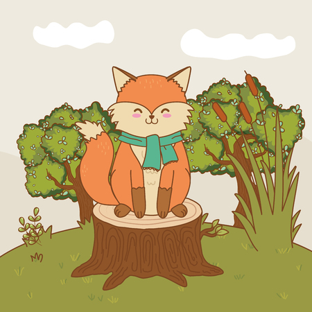 cute little animal fox at nature park cartoon vector illustration graphic designのイラスト素材
