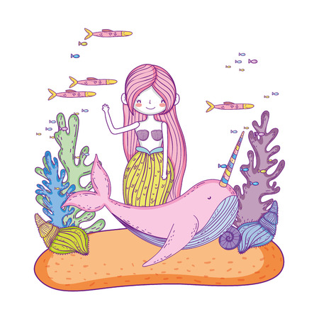 beautiful mermaid with narval fairytale characterのイラスト素材