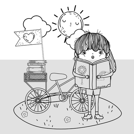 girl reading book with sun kawaii and bicycle in the camp vector illustration designのイラスト素材