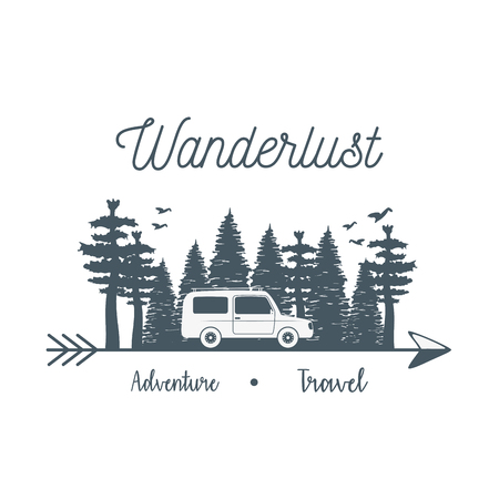 wanderlust label with forest scene and car vehicleのイラスト素材