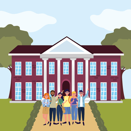 education university college students in front university building cartoon vector illustration graphic designのイラスト素材
