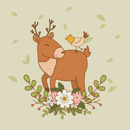 cute reindeer with bird woodland characters vector illustration designのイラスト素材