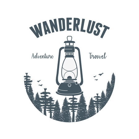 wanderlust label with forest scene and kerosene lampのイラスト素材